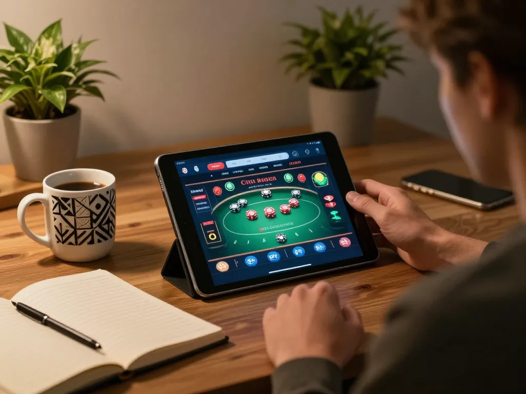 Engaging online casino gaming with okfun tablet interface in cozy home office setup.