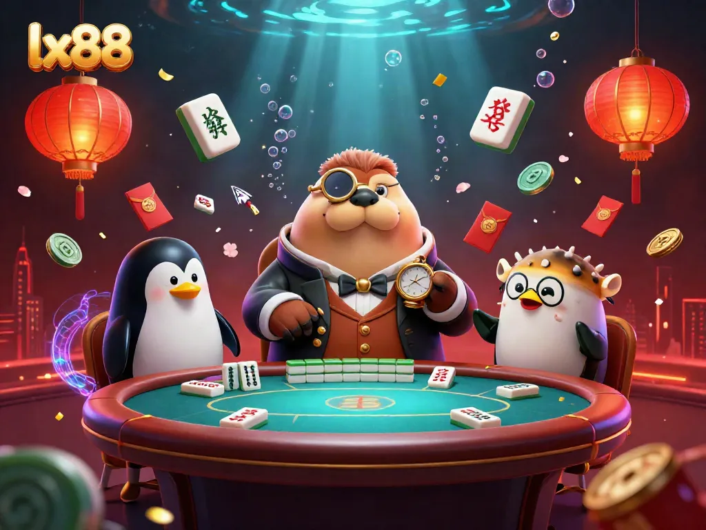 Experience the excitement of lx88 with a jolly walrus playing poker underwater, showcasing gold coins and festive elements.