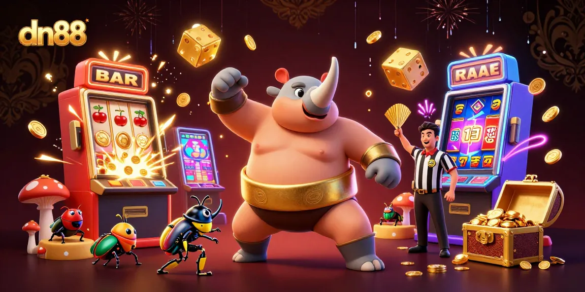 Join the action at dn88 with exciting slot machines, golden coins, and animated characters celebrating wins.