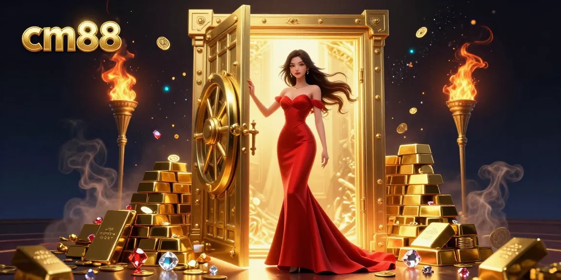 Win big with cm88 at a luxurious VIP casino, featuring gold treasures and dynamic gambling elements.