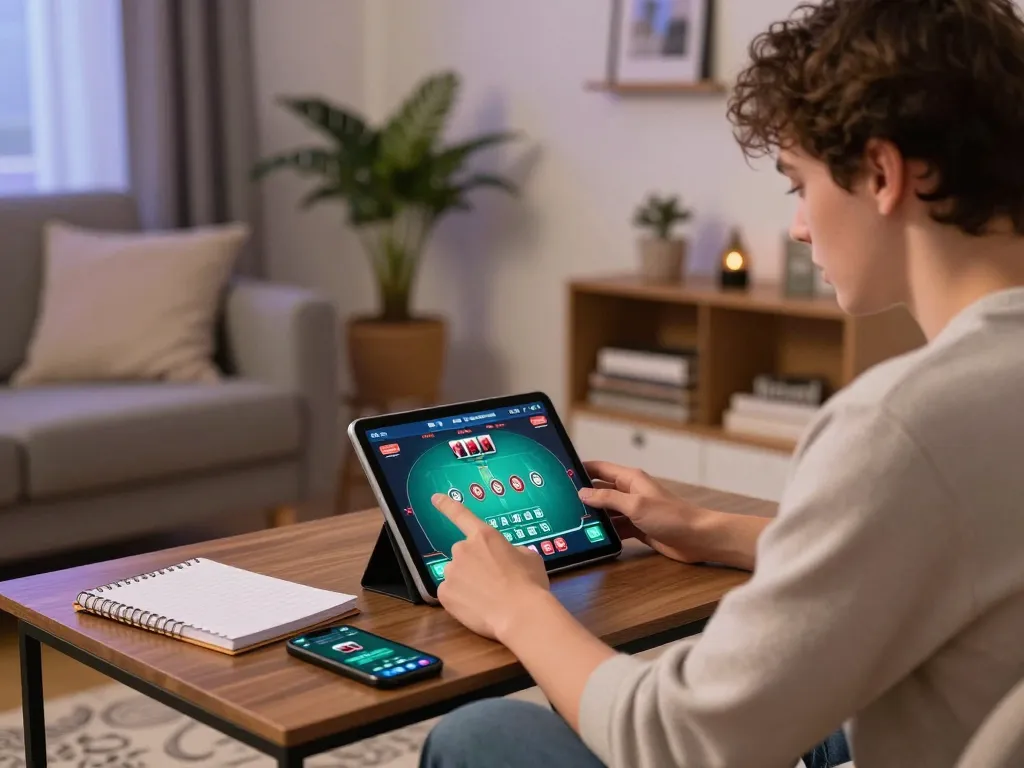 Player engaging with 7mz poker game on tablet in a cozy home setting, enhancing gambling experience.