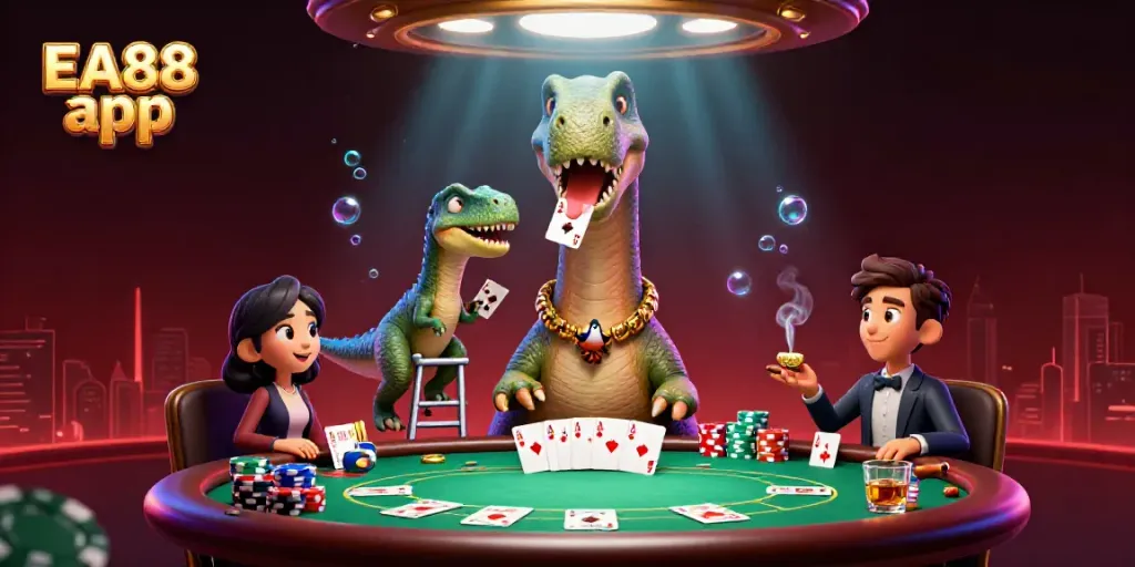 Experience the exciting EA88 app with a colorful casino scene featuring a friendly brontosaurus and clever raptor.