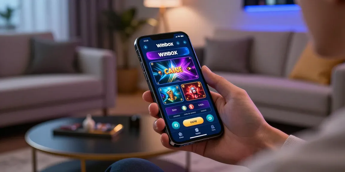 Winbox Casino app displayed on smartphone in a modern living room.