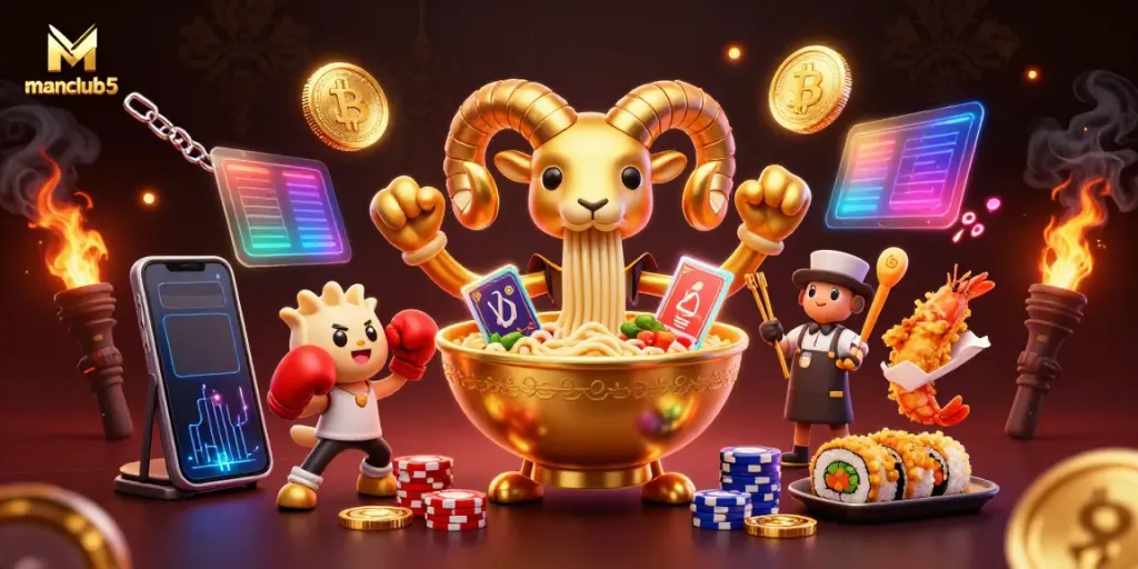 Experience manclub5 gaming with vibrant characters and crypto elements in a dynamic casino scene.