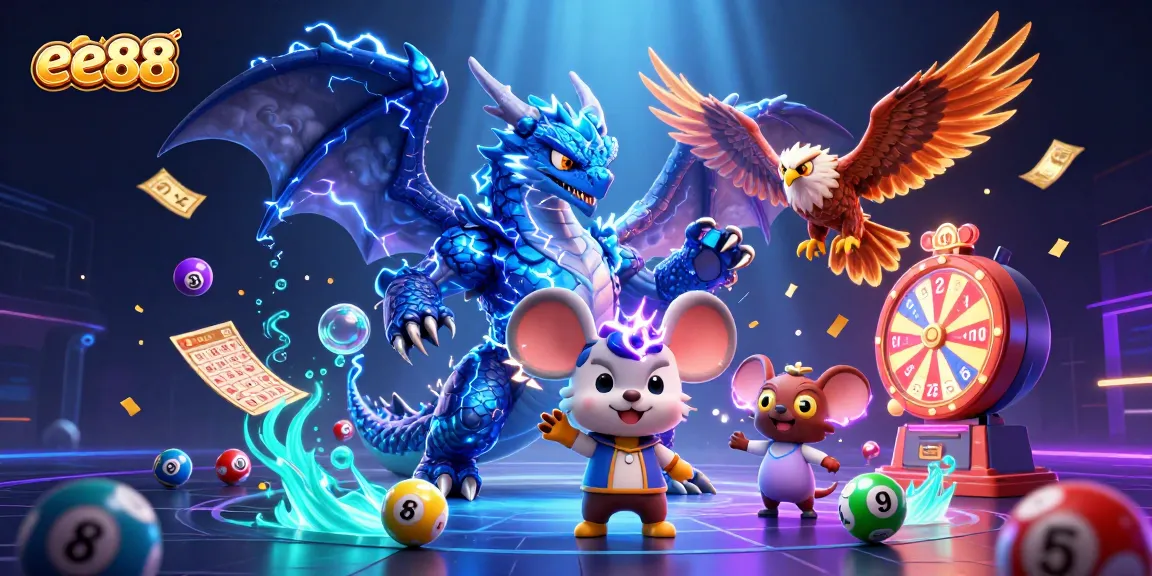 Engage with ee88 Casino's electrifying atmosphere featuring a dragon, an eagle, and game elements.