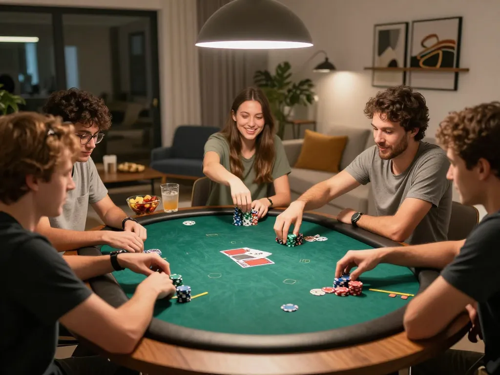 Friends enjoying a thrilling poker game at home, capturing the excitement of competitive gambling with vipwin atmosphere