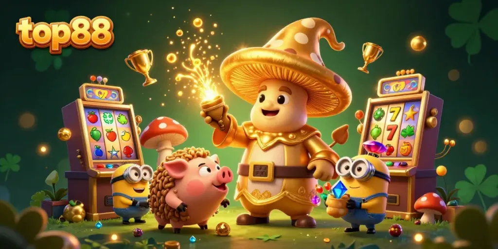 Experience thrilling magic at top88 with a golden mushroom wizard and vibrant slot games!