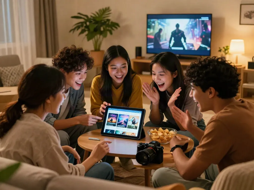 Friends enjoying the MovieBox Old Version app on a tablet in a cozy living room setting, highlighting a friendly movie night.