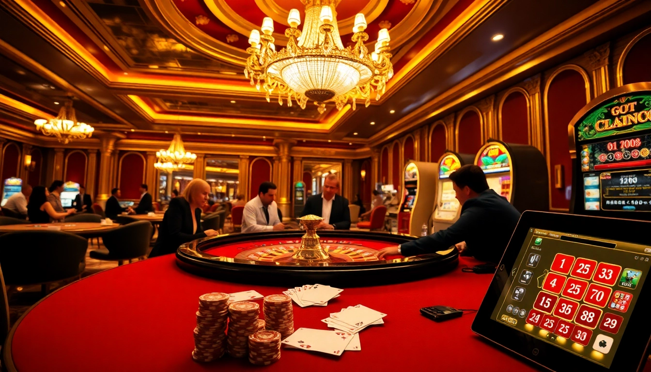 Exciting casino scene with players at tables engaging in games at https://f1686s.com/ showcasing luxury and gambling action.