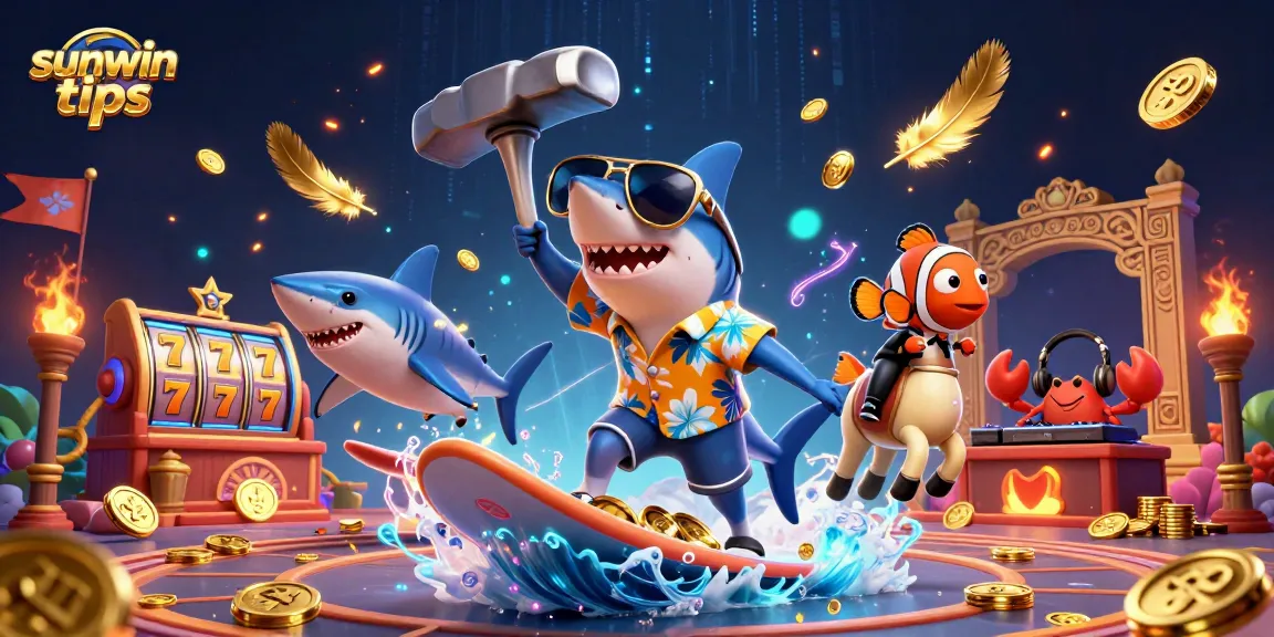 Spin your luck with sunwin tips, featuring vibrant shark and fish characters amidst a casino scene.
