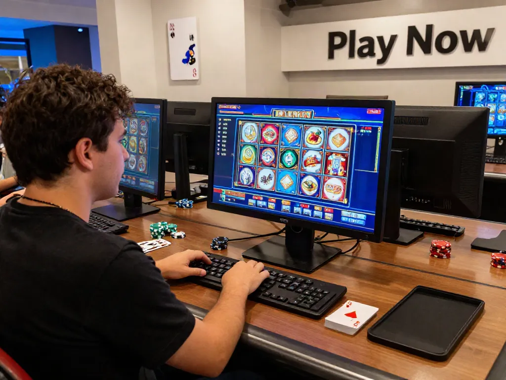 Player engaging with online credit card casinos at a vibrant gaming setup, showcasing excitement and modern gameplay.