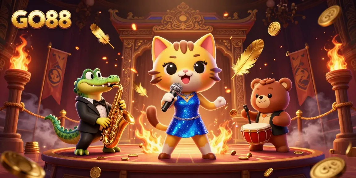 Experience the vibrancy of GO88 with energetic characters in a lively casino scene showcasing colors and elements from gaming.