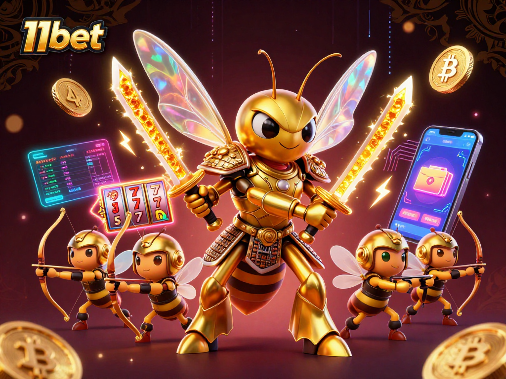 Engage with 11bet's vibrant casino world, showcasing a golden hornet samurai amid neon crypto elements and slot games.