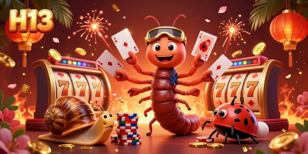 Experience the excitement of H13 casino with our lively 3D cartoon illustration including a dealer and high-roller elements.