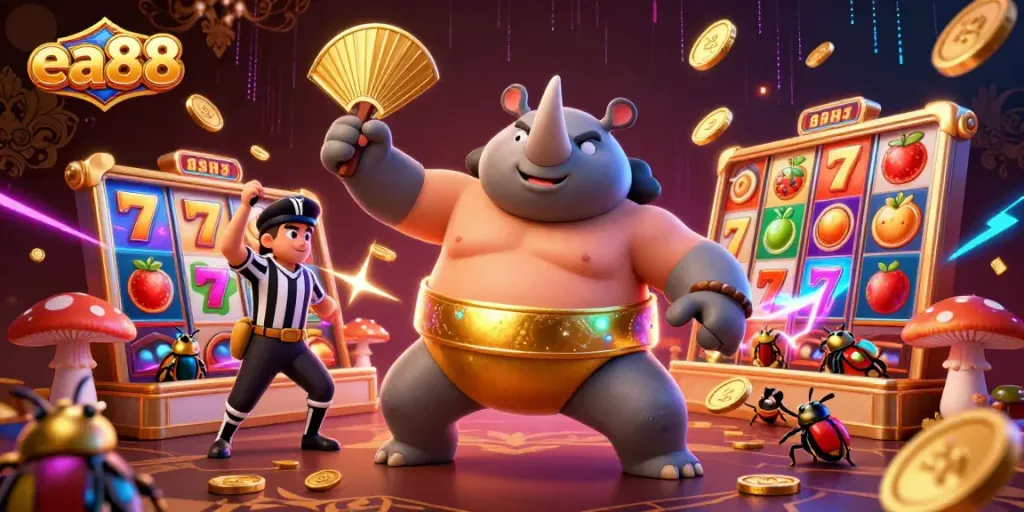Engage with ea88's colorful slot games featuring a sumo beetle champion amidst gold coins.