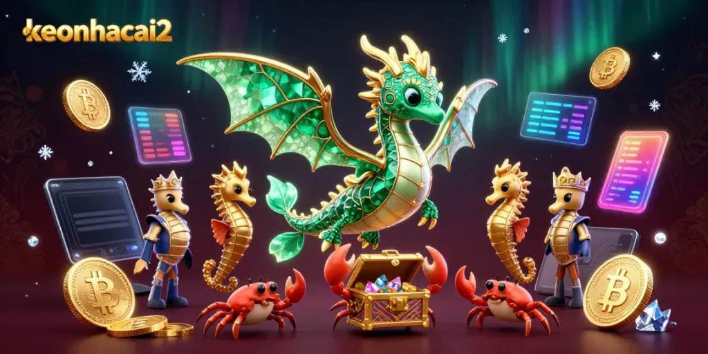 Engage in thrilling gaming adventures with keonhacai2 featuring a majestic emerald sea dragon and cryptocurrency elements.