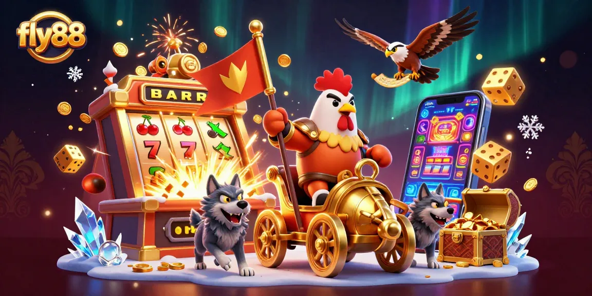 Experience excitement with fly88 as the rooster warlord leads in a jackpot scene filled with casino game elements.