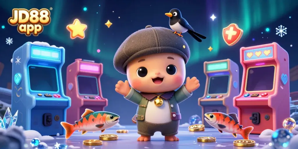 Join the fun at JD88 app with vibrant gaming elements featuring cartoon Nessie and friends in a colorful scene.