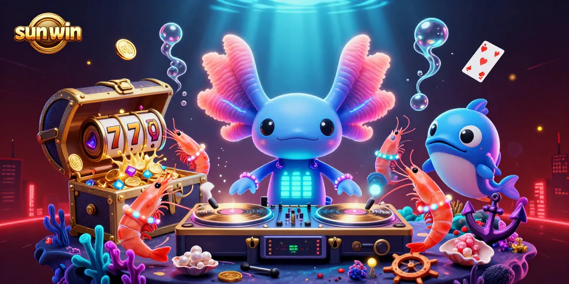 Join the vibrant scene at sun-win, featuring an axolotl DJ and casino symbols in underwater glory.
