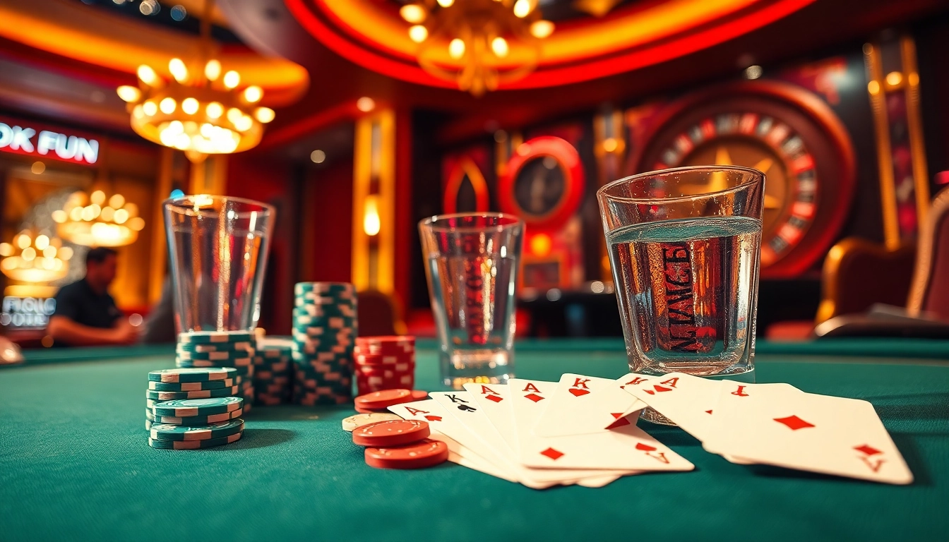 Experience thrilling moments at OKFUN's luxurious poker table with dazzling chips and cards.