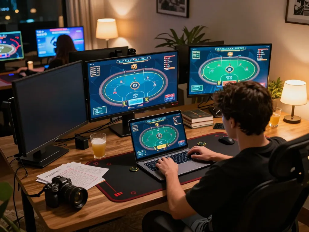 E2bet player engaged in an online poker match at home, showcasing focused gaming strategy.