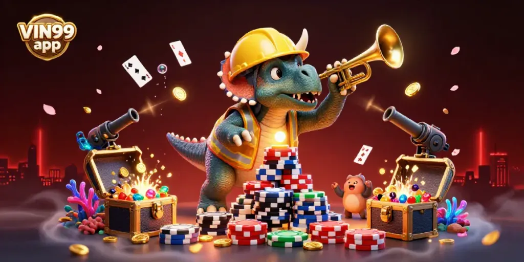 Celebrate with the VIN99 app as a triceratops builds poker chip pyramids amidst vibrant underwater treasures.