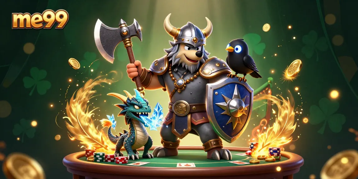 Engage with exciting me99 casino adventures featuring thrilling poker dynamics, shimmering gold tokens, and a Viking warrior.