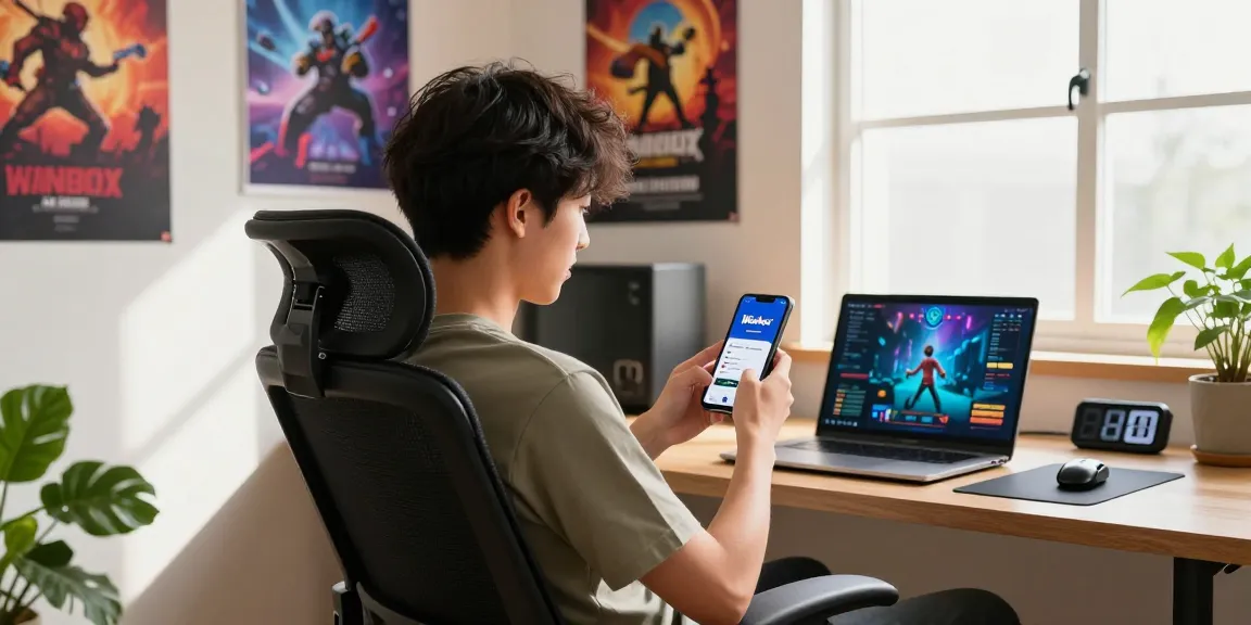 Young adult downloading the Winbox app on their smartphone in a modern home office.