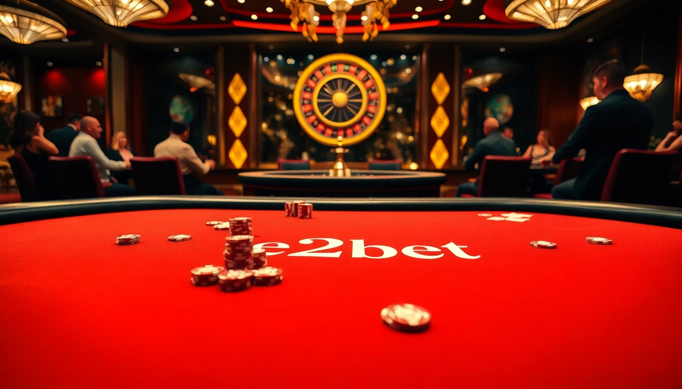 Engage in thrilling poker action at an E2bet branded casino table, surrounded by luxurious decor.