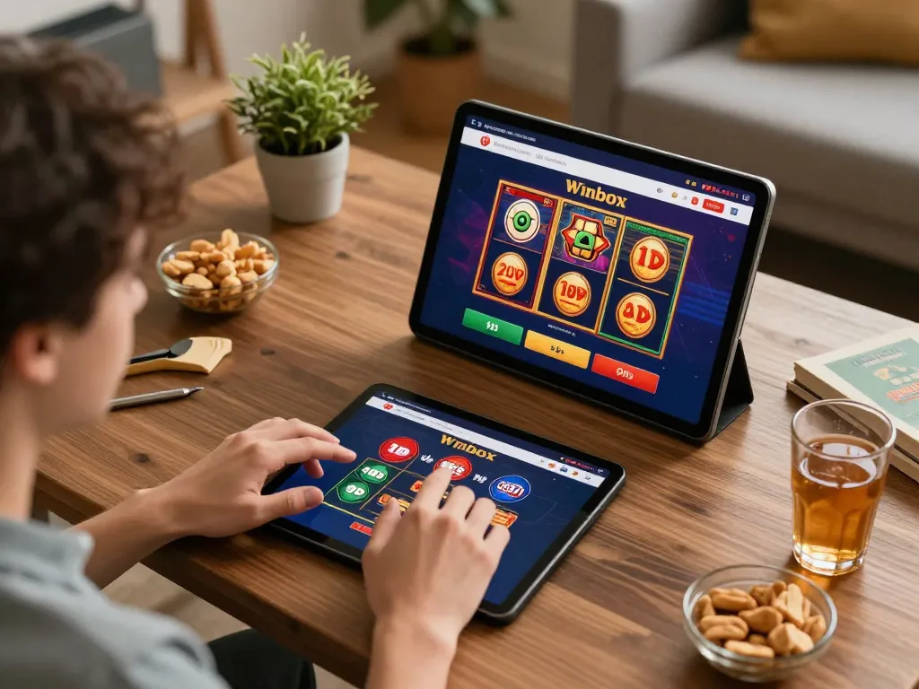 Engaging gameplay at Winbox Casino displayed on a tablet in a cozy home setting, showcasing active online betting.