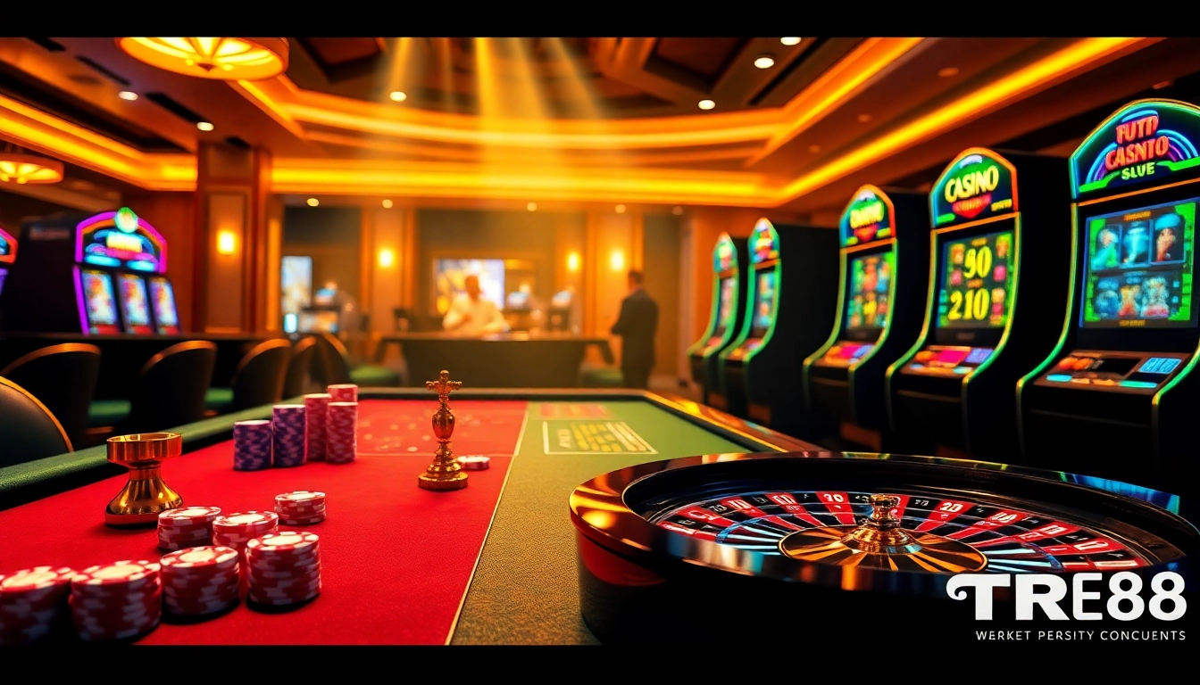 Experience the excitement of TR88 casino with vibrant visuals of roulette and poker gameplay.