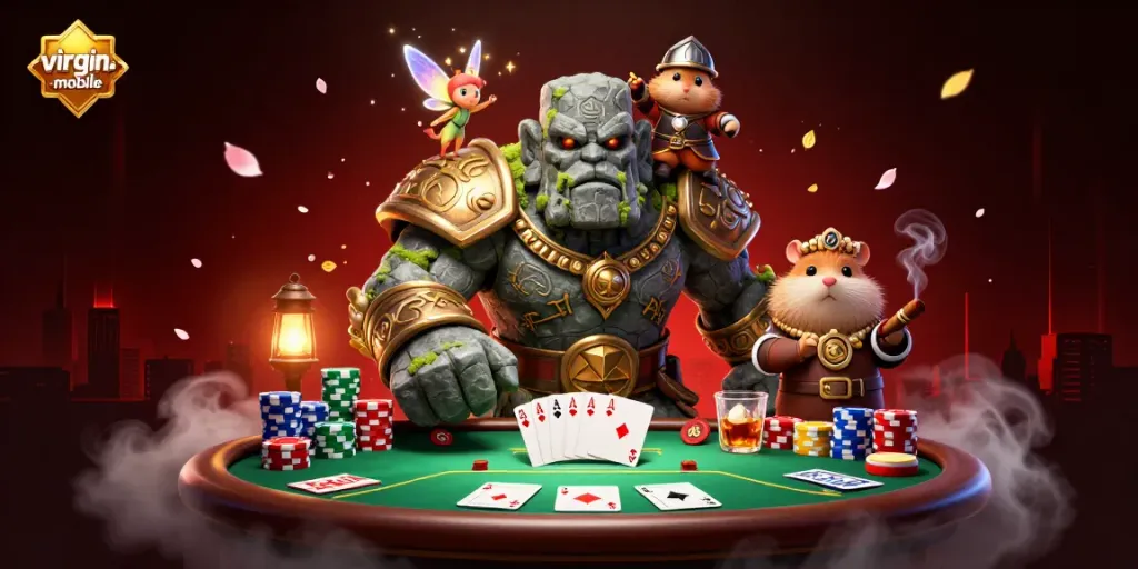 Engage in excitement with virgin-mobile's lively fantasy casino scene featuring a golem, fairy, and hamster knight.