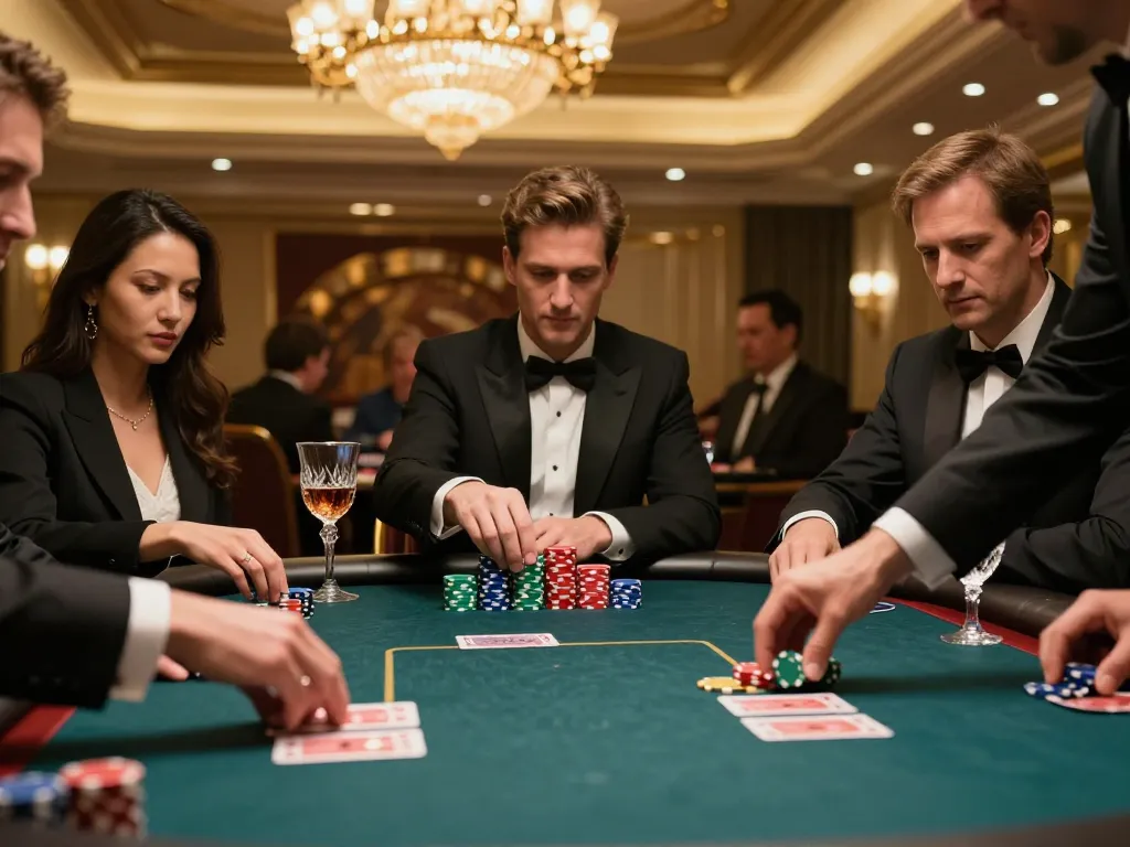 Players strategizing during an intense poker game at qq8827’s upscale casino.