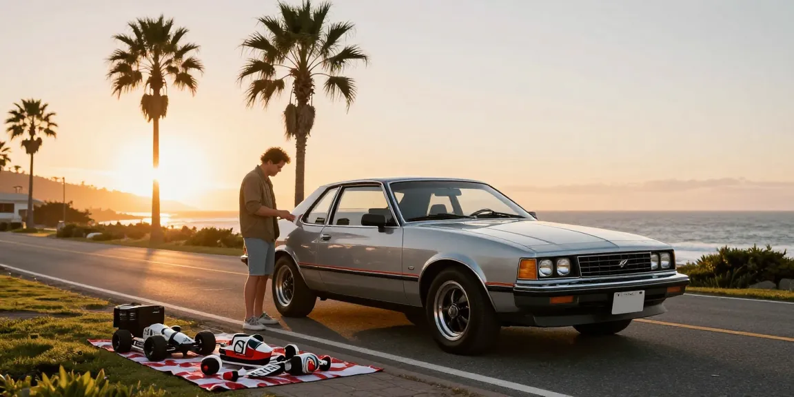 Car enthusiast admiring classic 1988 Holden SV88 on coastal road