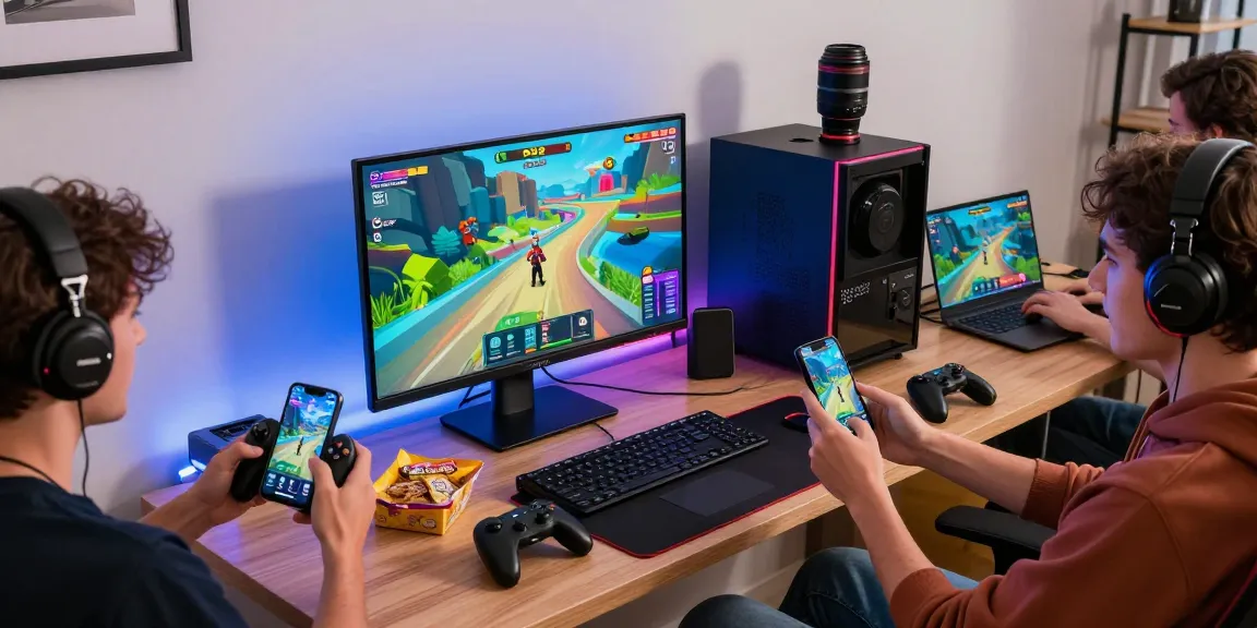 Người dùng chơi game B52 trên điện thoại và laptop trong phòng khách hiện đại.