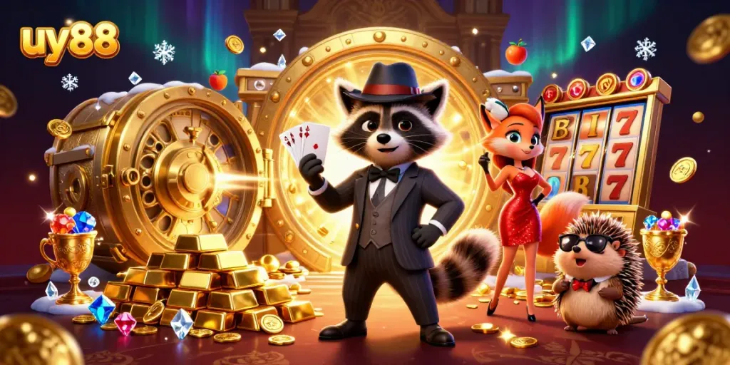 Experience the excitement of uy88 with a vibrant casino scene featuring characters and golden treasures.