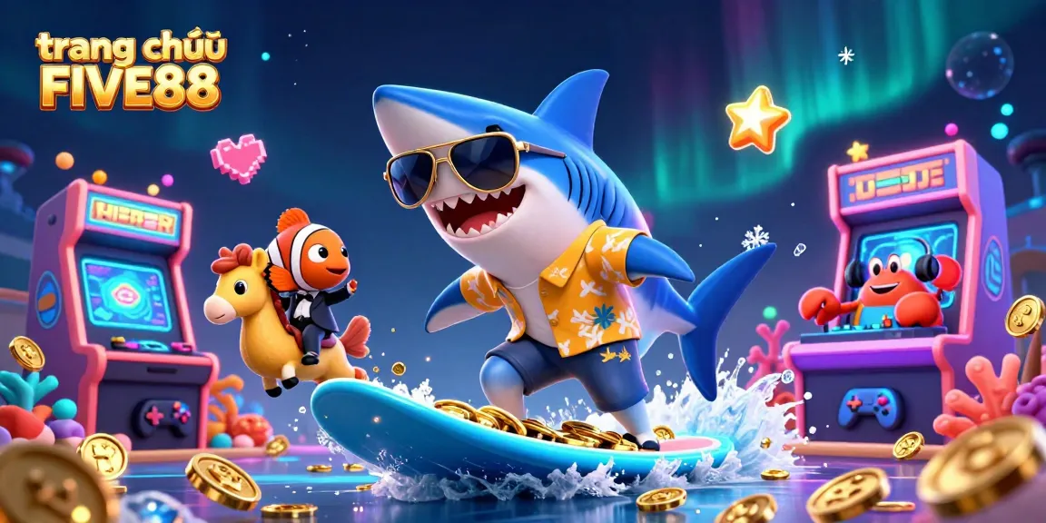 Engage with gaming adventures on trang chủ FIVE88, featuring vibrant characters in a casino-themed scene.