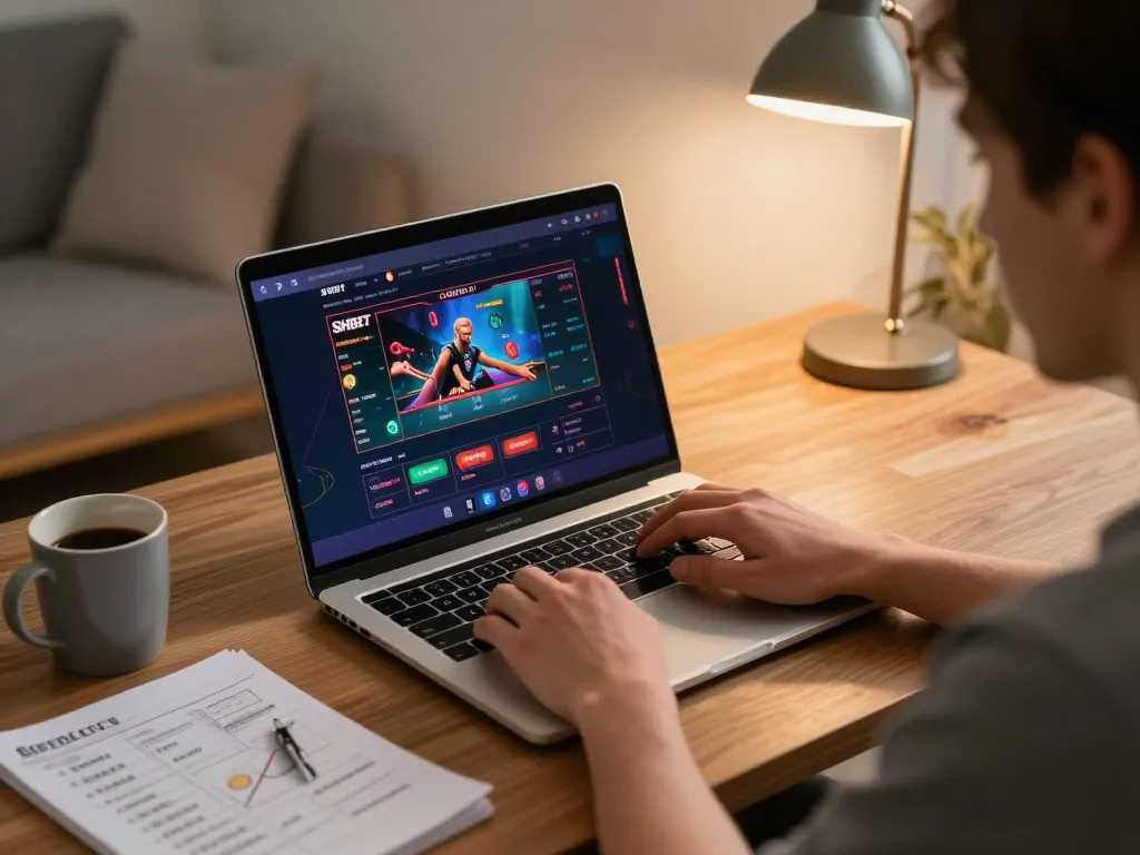 Player engaging in strategy on SHBET online casino platform from a cozy home setting