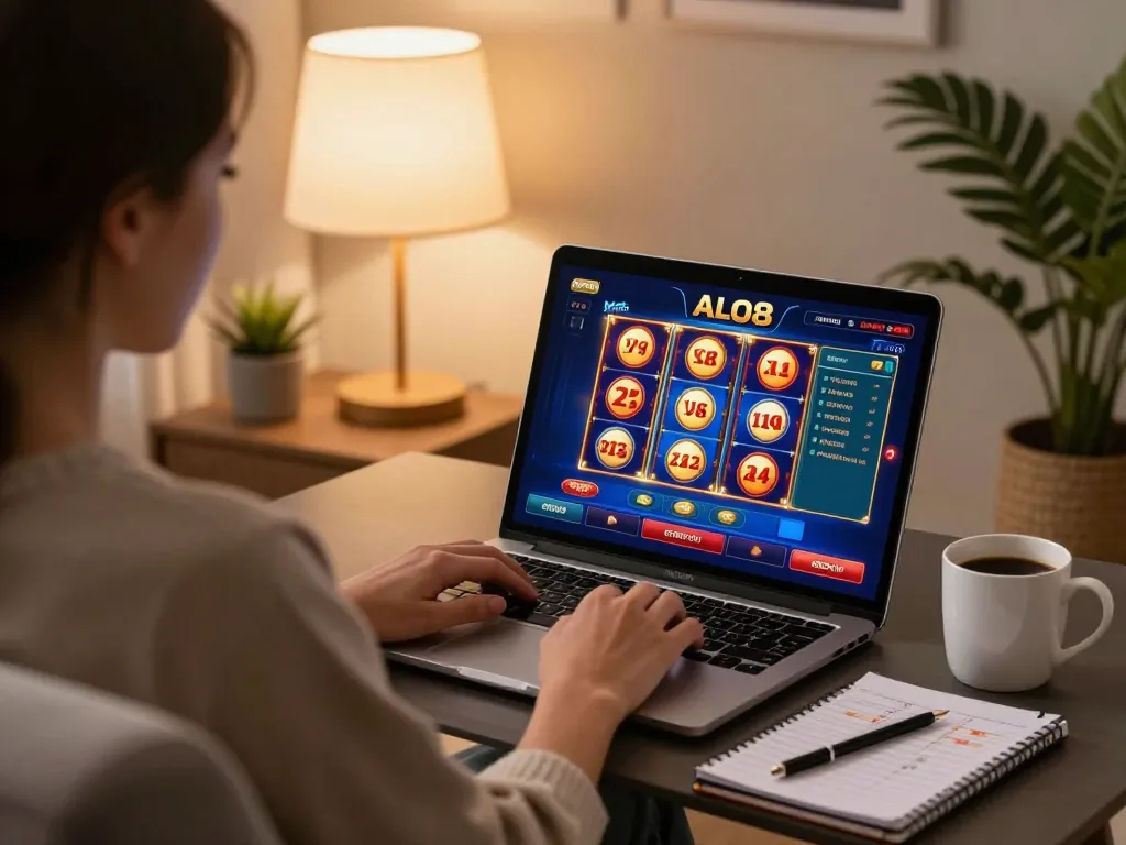 Player engaged in ALO8 online gambling, showcasing a cozy home gaming setup with strategies.