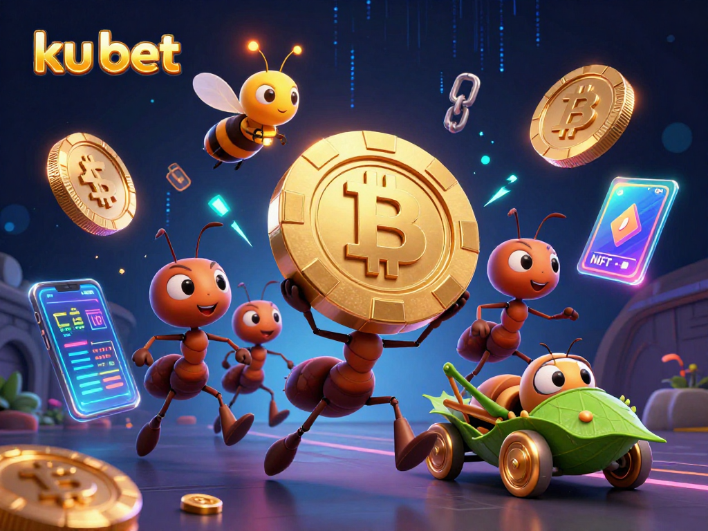 ku bet themed illustration of ants on a heist, showcasing vibrant glowing crypto elements and dynamic action.