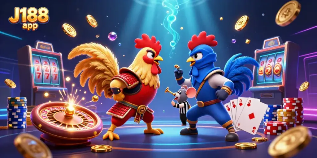 Cascade golden rewards in a dramatic J188 app showdown between powerful roosters in a casino setting.