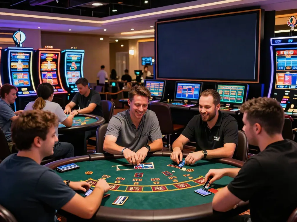Exciting atmosphere at credit card casinos with players enjoying table games and vivid lighting.