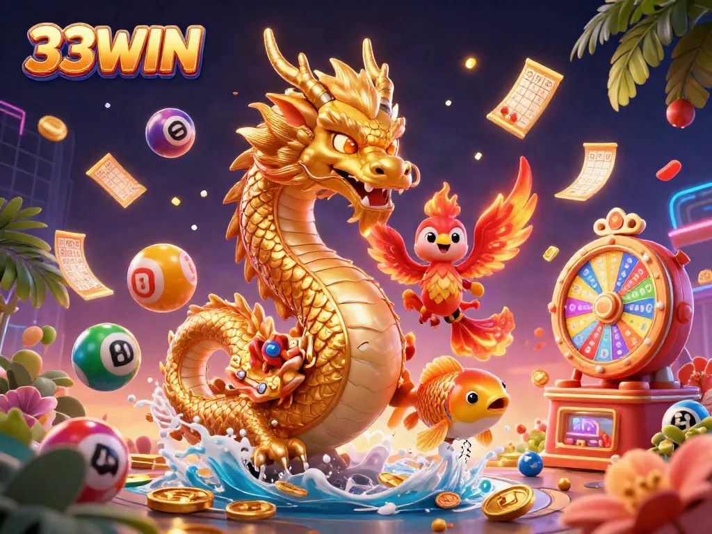 Experience thrilling gameplay with the fierce dragon and lucky koi in the vibrant 33WIN illustration.