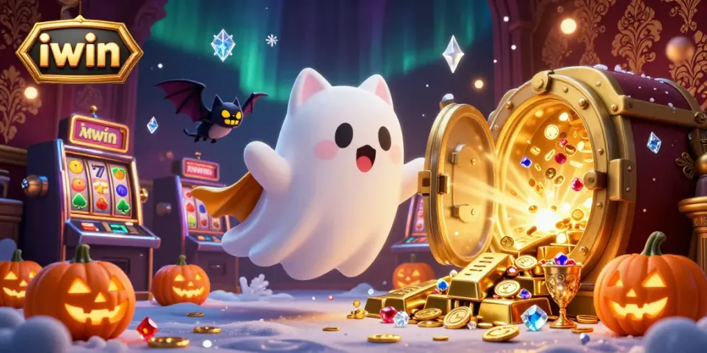 Experience thrilling gameplay with iwin in a ghostly casino scene filled with treasures and fun.