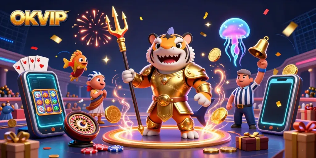 Experience thrilling games at OKVIP with a shark gladiator and vibrant 3D casino elements.