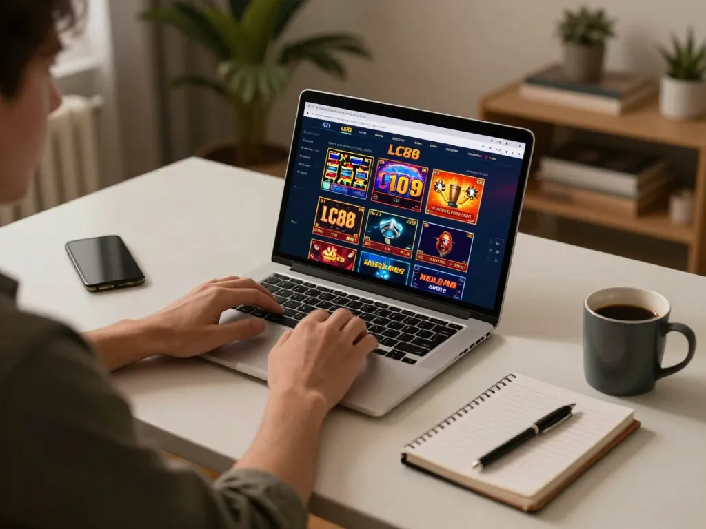 Engaging scene of a player enjoying the LC88 online casino experience with a laptop and strategy notes.