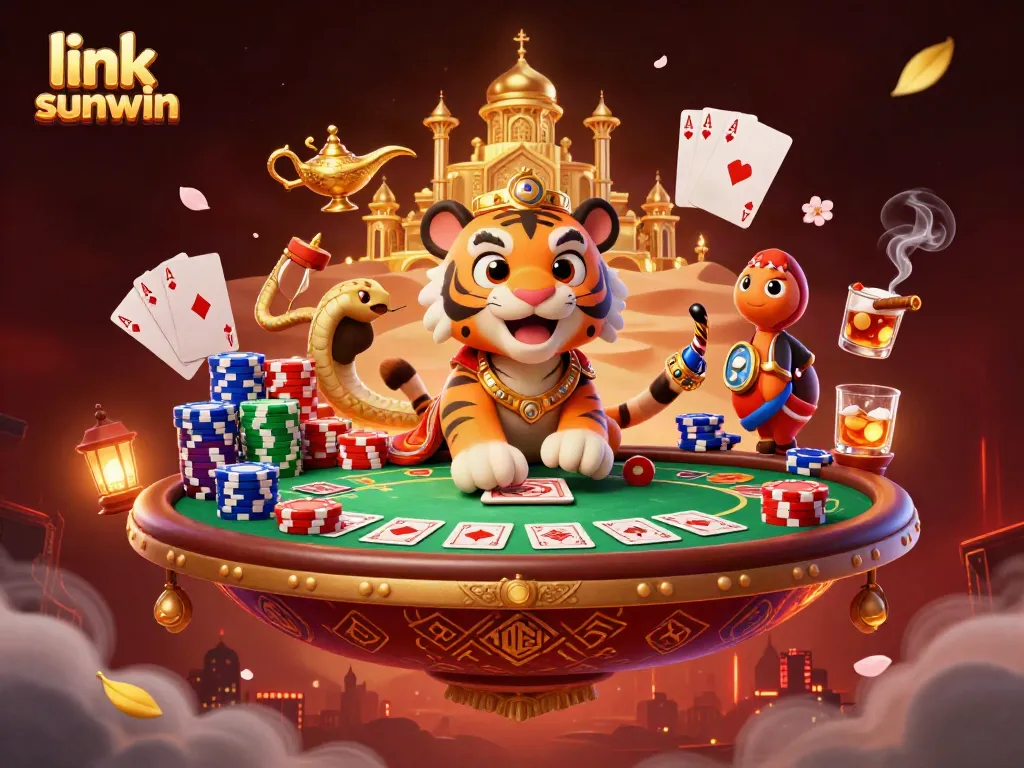 Engage with link sunwin while enjoying a vibrant casino scene of the Sultan on a flying carpet surrounded by poker elements.