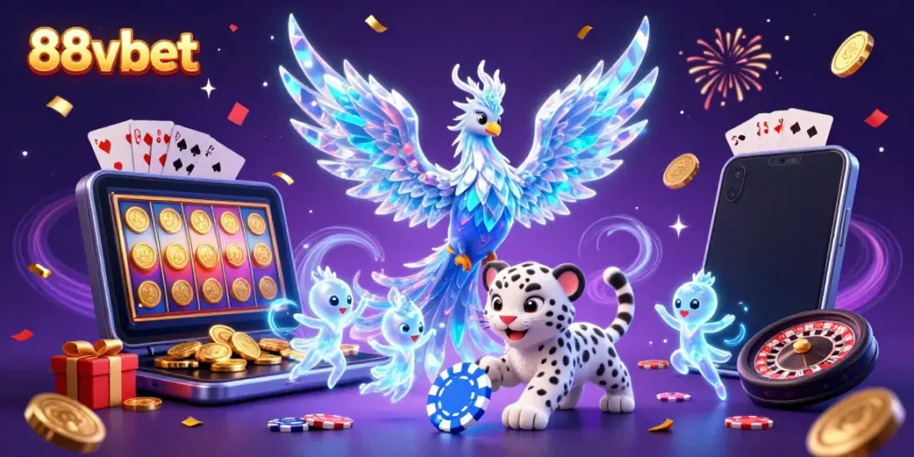 Experience the magic of 88vbet with a lively scene of a snow leopard, ice phoenix, and sparkling games.