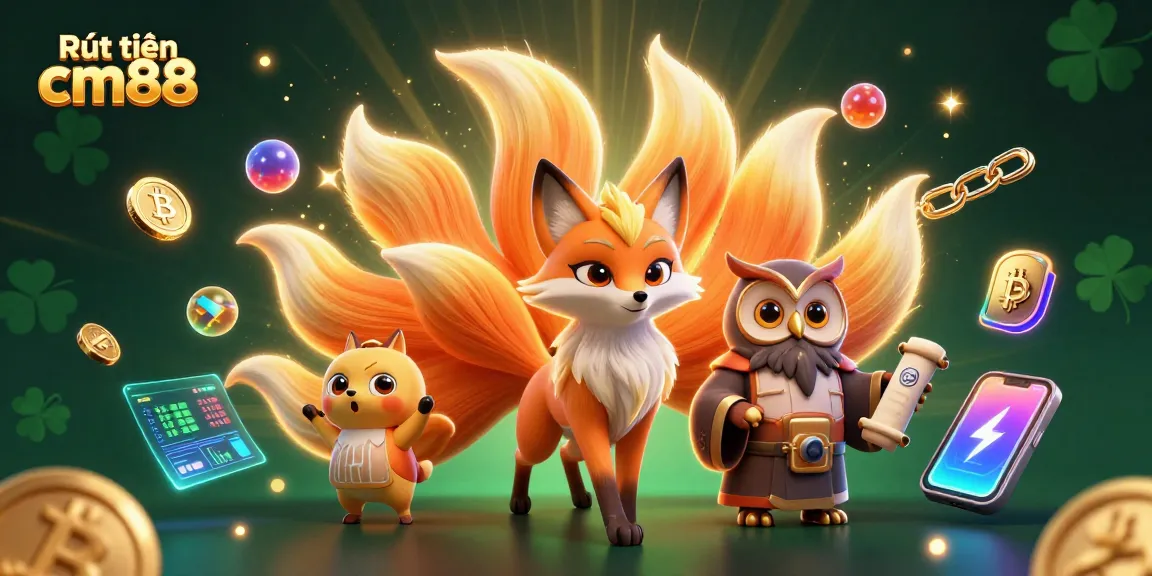 Experience Rút tiền cm88 with vibrant characters and dynamic crypto elements in this colorful 3D illustration.