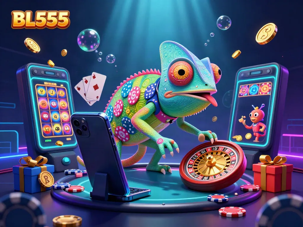 Engage in thrilling gameplay at BL555 with vibrant casino elements and dynamic characters.